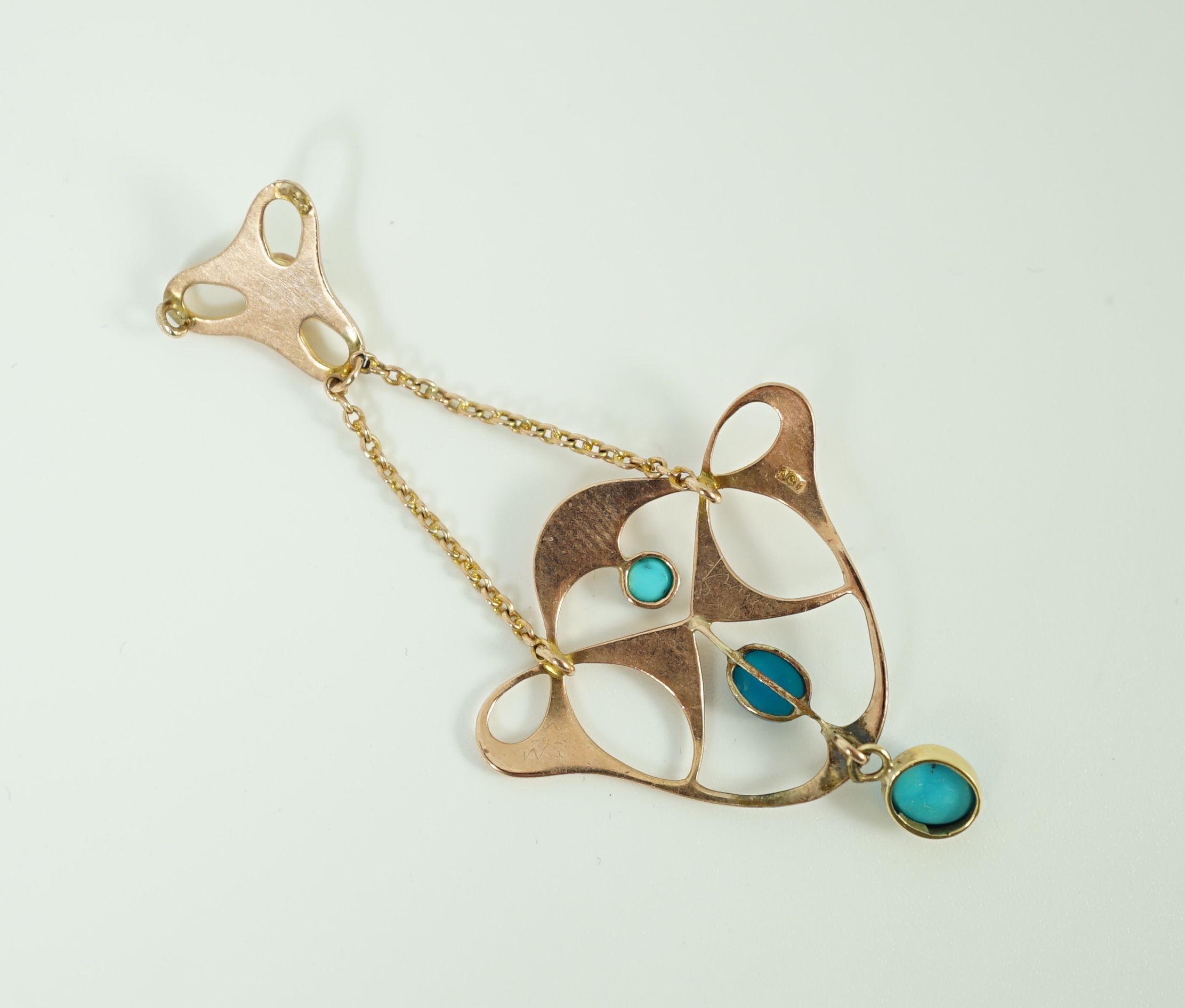 An Edwardian Art Nouveau 9ct gold and turquoise set drop pendant